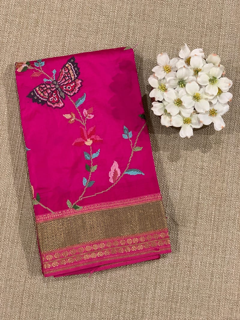 Rani pink petite point embroidered kanchi silk blouse