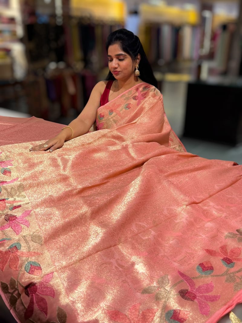 Peach Pink Banarasi Brocade tissue saree with tonchui style weaving & pythani inspired embroidered border  SS5082
