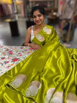 Lime Green Pure Satin Saree with embroidered border and blouse