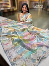 Powder Blue Printed Organza Tissue stripes saree with embroidery