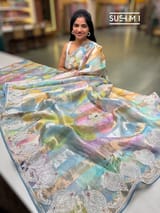 Powder Blue Printed Organza Tissue stripes saree with embroidery