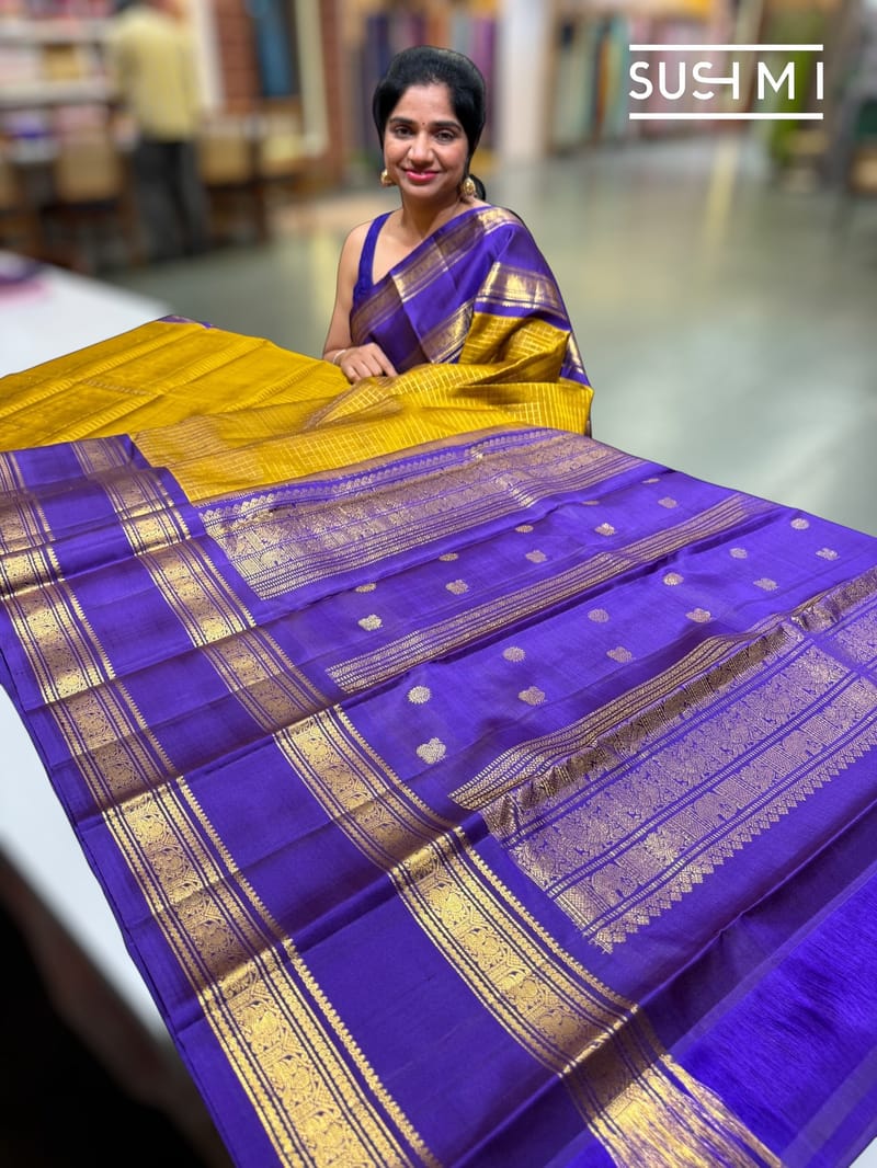 Olive Gold Vintage checks kanjeevaram Saree