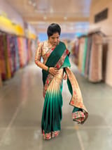 Chickoo and emerald Green Pure Satin Ombre Dyed Saree with Petite Point Embroidered Border and blouse.