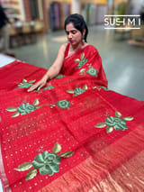 Red muslin tissue stripes saree with hibuscus emb