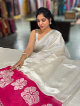 silver Banarasi Tissue saree with Pink organza applique work border SS50228