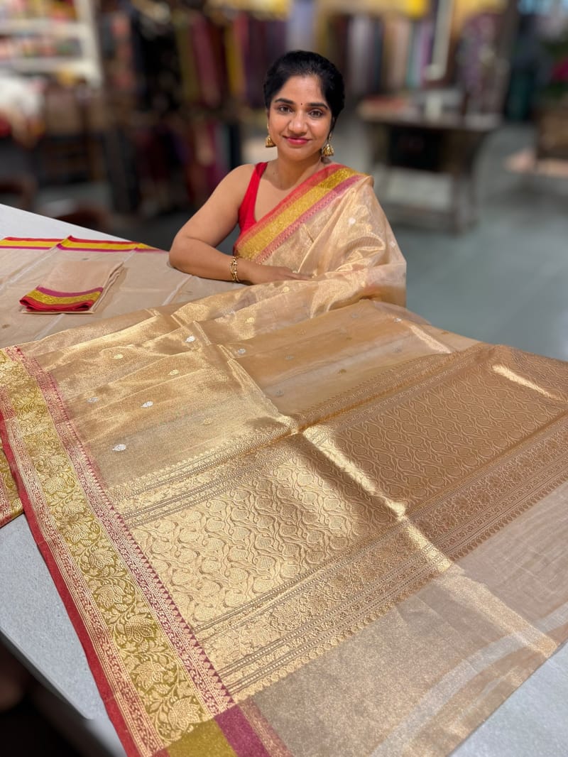 Banarasi Handloom Gold tissue Saree with multi color woven border. SS50419