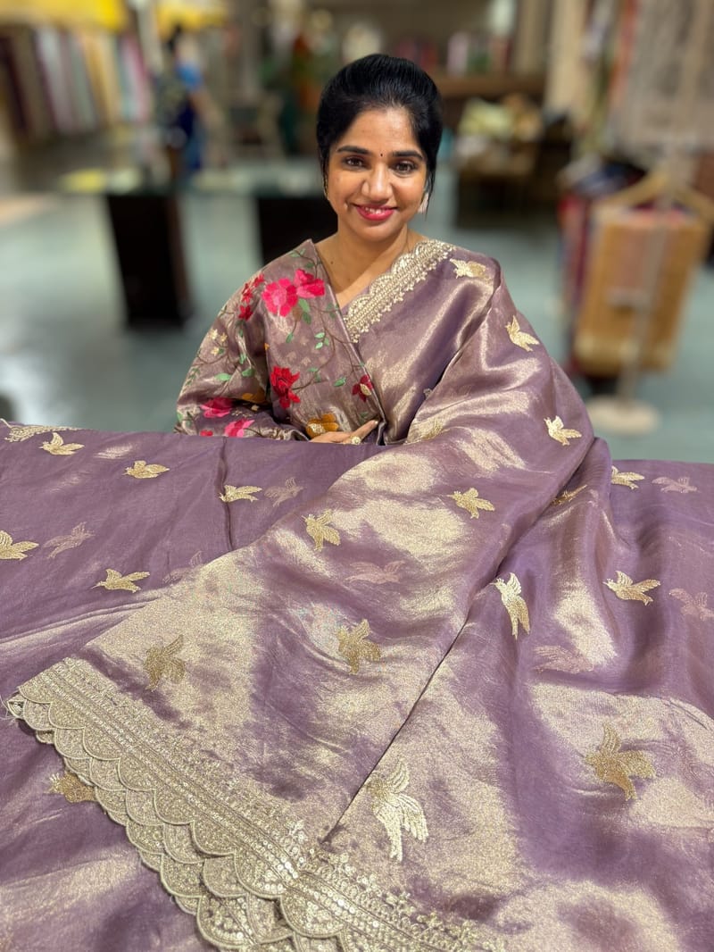 Purple  Handloom Tissue Saree with Embroidery