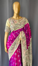 Majenta Ikkath patola saree with madhubani hand painting