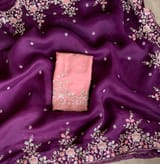 Violet  Pure Organza heavy handwork saree