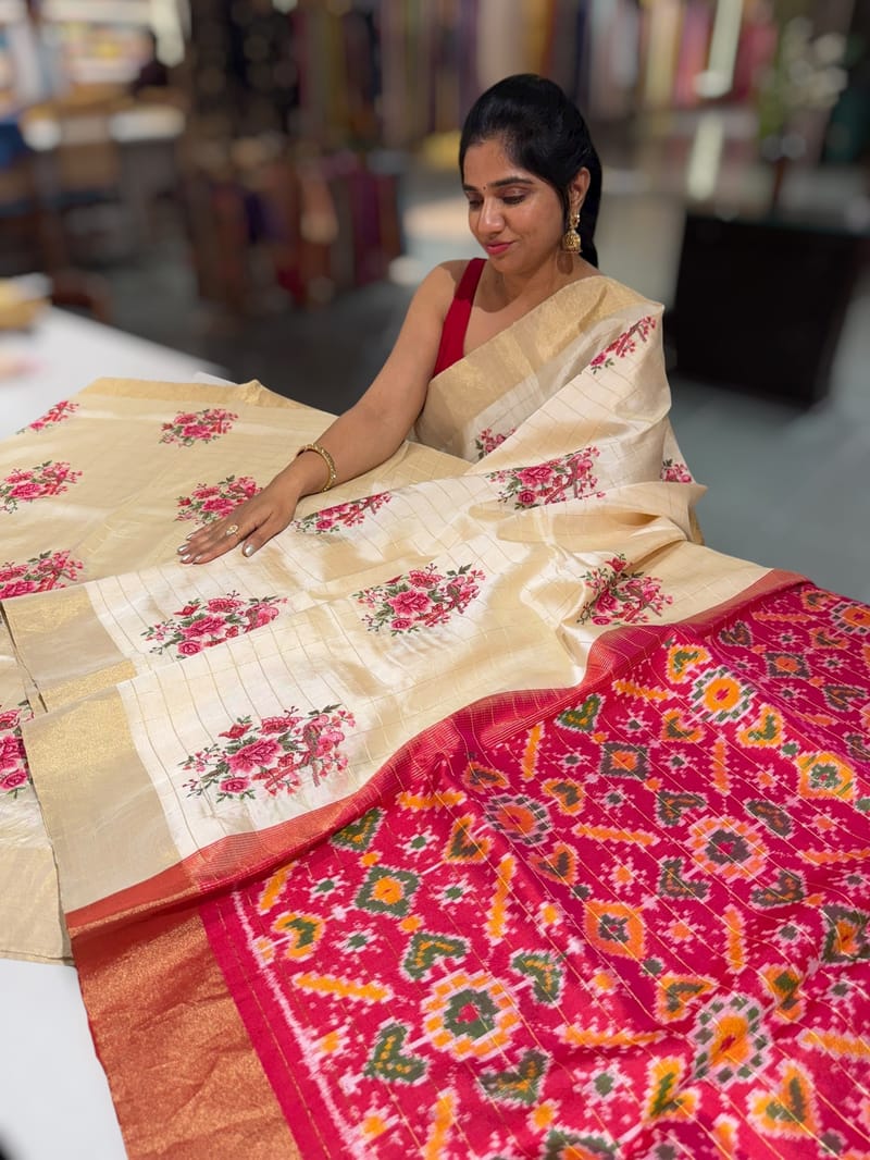 Ivory kanchi vintage checks soft silk saree with petite point embroidery SS50129