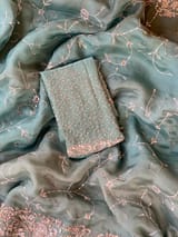 Peacock Blue Pure Organza heavy allover Handwork Saree