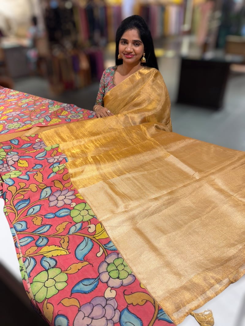 Gold Handloom Tissue & Pen kalamkari fusion Saree