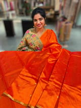 Orange Chanderi Pattu Silk Saree with Tissue allover petite point embroidered blouse SS50601