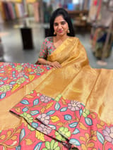 Gold Handloom Tissue & Pen kalamkari fusion Saree