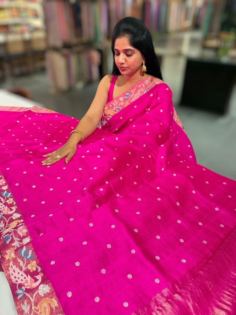 Fuschia Pink Raw Silk Saree with Pythani inspired Embroidery
