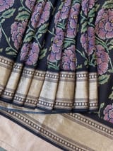 Black Pure Handloom Chiniya Silk Saree with stunning Floral Print and zari borders SS50100