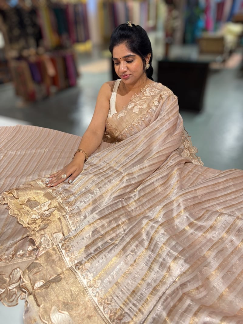Beige Gold Mul Tissue Stripes Saree With Tissue Cutwork  Border & Blouse
