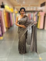 Brown Handloom Mul Tissue Stripes Saree with fusion blouse