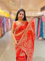 Orangish Red Kareena Inspired Gorgette Saree with allover mirrors SS5039
