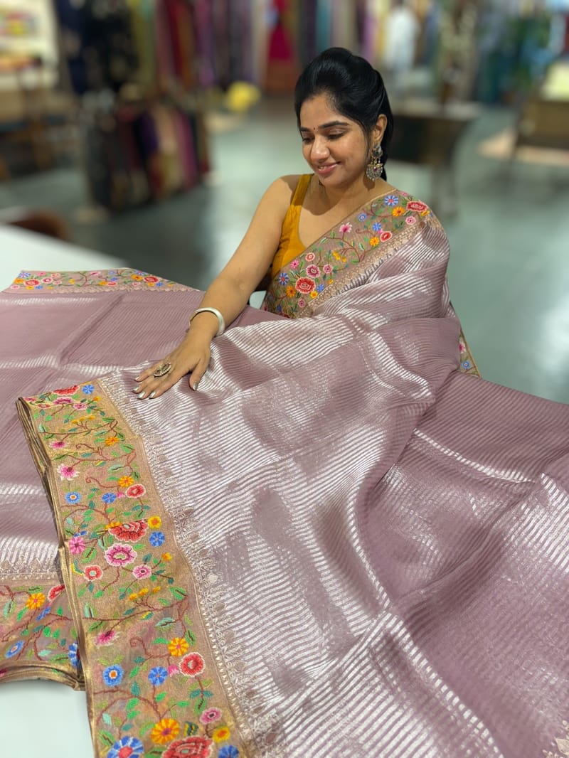 Lilac Tissue Stripes Saree with petite point Embroidered tissue border and blouse
