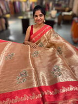 Red Banarasi Brocade Tissue with embroidery