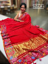 Chilli Red Pure Gajji Silk Rai bandhej Saree with petite point embroidery