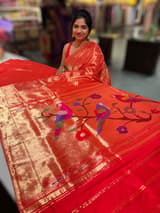 Red Pure handloom paithani tissue stripes saree