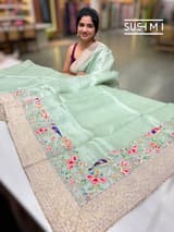 Mint Organza Banarasi Fusion Saree with Bird Appliqué