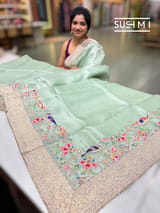 Mint Organza Banarasi Fusion Saree with Bird Appliqué
