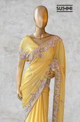 Yellow Pure Satin Georgette Saree