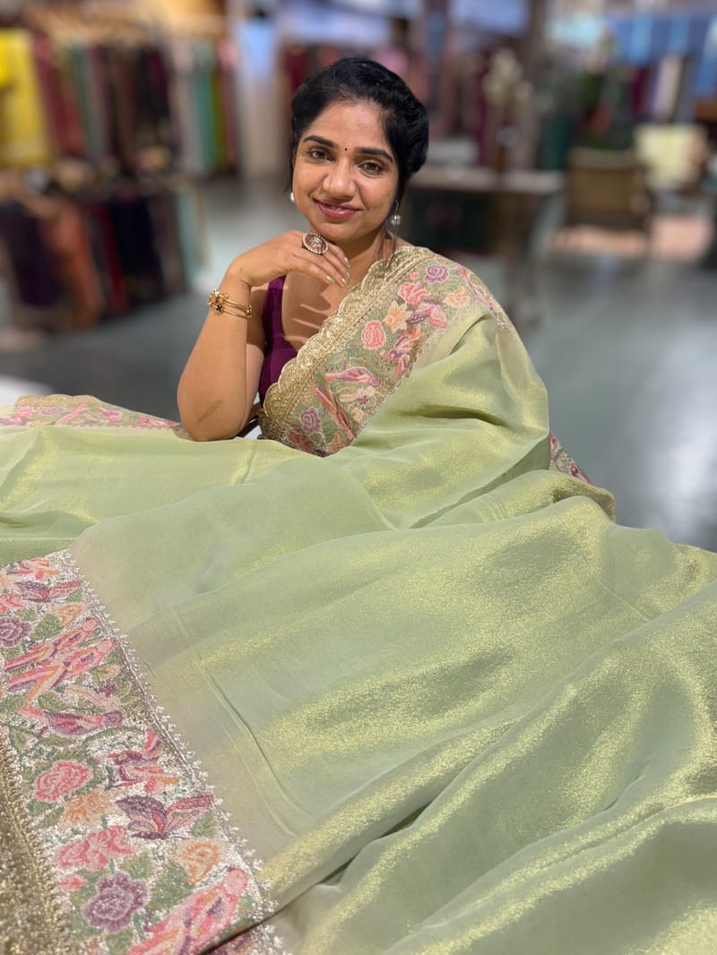 Light Apple Green Tissue Gorgette Saree With Petite Point Embroidered Border SS50436