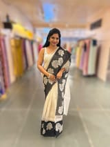 silver Banarasi Tissue saree with organza applique work border