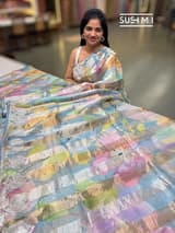 Powder Blue Printed Organza Tissue stripes saree with embroidery