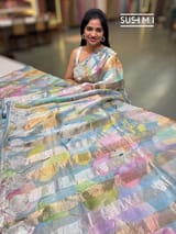 Powder Blue Printed Organza Tissue stripes saree with embroidery