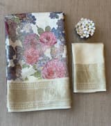 Ivory Pure Handloom Chiniya Silk Saree with stunning 3D Floral Print and zari borders SS50101