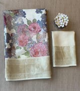 Ivory Pure Handloom Chiniya Silk Saree with stunning 3D Floral Print and zari borders SS50101