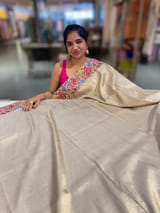 Beigish Taupe Green Kanchi Brocade Tissue Saree with Petite Point Embroidered Border SS50141
