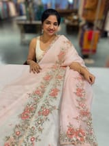 Pink Organza handwork saree with ready to wear blouse