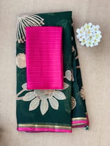 Bottle Green Designer Organza with Tissue applique work