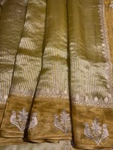 Yellow Kora tissue stripes Saree with embroidery