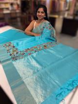 Teal Blue chanderi silk cotton saree with kalamkari applique border SS50529