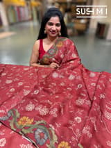 Maroon Silk kota and pen kalamkari fusion saree with pita emb