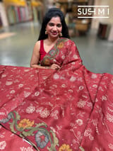 Maroon Silk kota and pen kalamkari fusion saree with pita emb