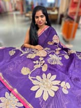 Brinjal Designer Organza with Tissue applique work