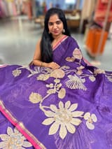 Brinjal Designer Organza with Tissue applique work