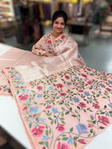 Peach pink kora tissue saree with pythani inspired embroidery