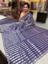 Purplish Blue Handloom Mul Tissue Stripes Saree with fusion blouse SS50408