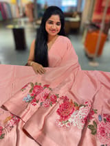 Peach Pink Designer Chinnon & Satin Fusion Saree