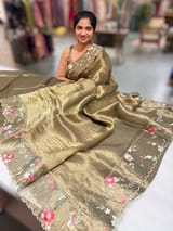 Mehendi Pure Tissue Saree with embroidered border