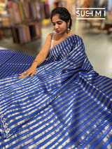 Electric Blue Mul tissue stripes saree with fusion blouse : D62139